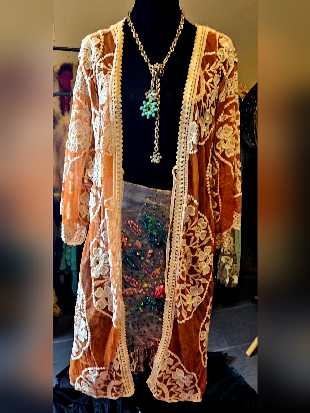 Ana & Rose Luxe Embroidered Lace Duster Cardigan - Burnt Orange / Rust, Large